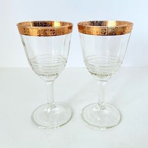 Set of 2 Vintage Federal Glass 145R-9 Wine Goblets Ribbed Optic 22k Gold Trim
